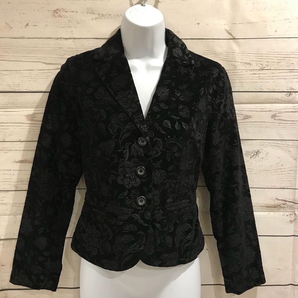 Talbots Black Velvety Blazer Floral Pattern